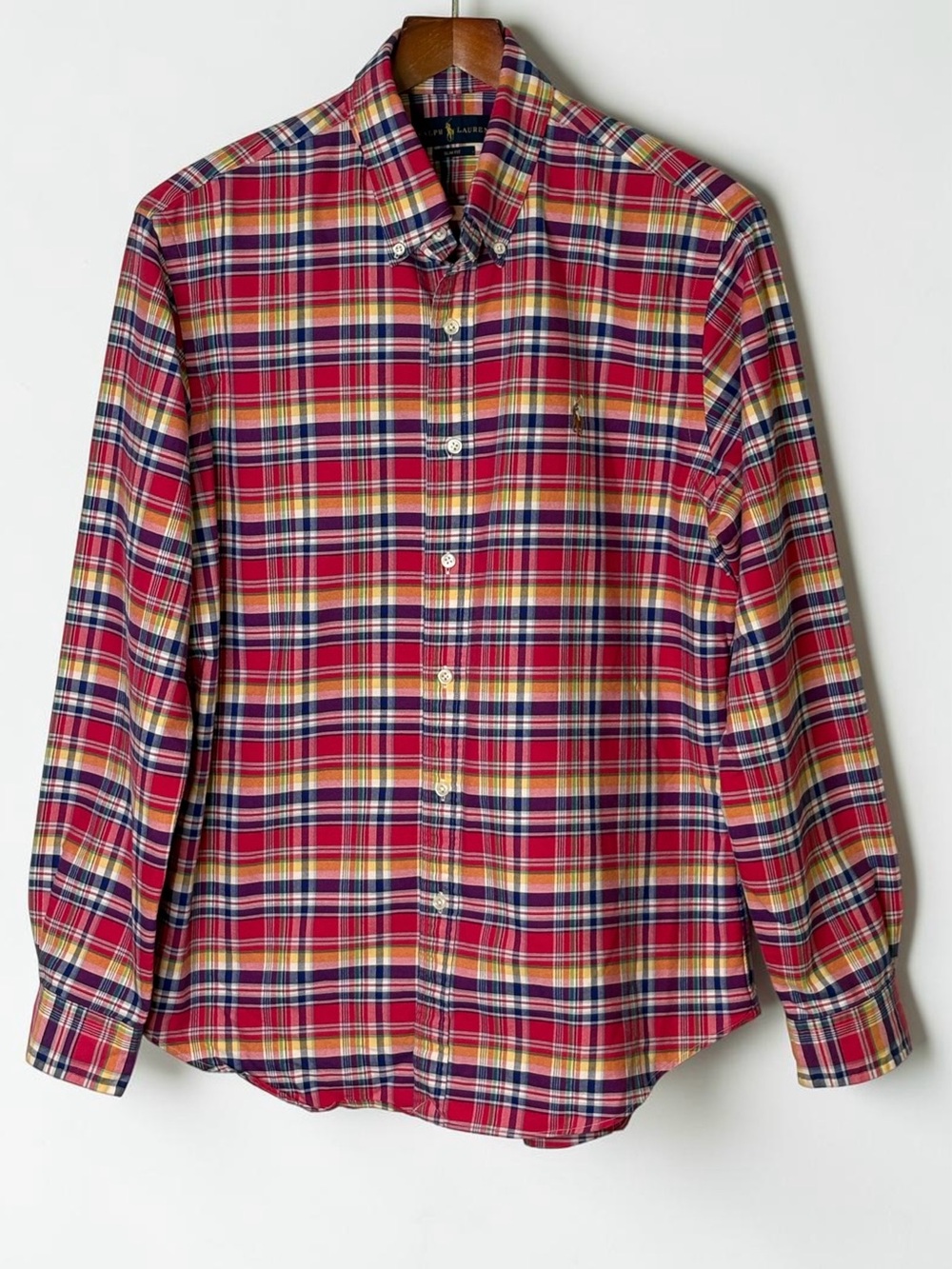 Ralph Lauren Plaid Button Down Shirt Size L Slim Fit Red Yellow Blue Cotton - Picture 1 of 9